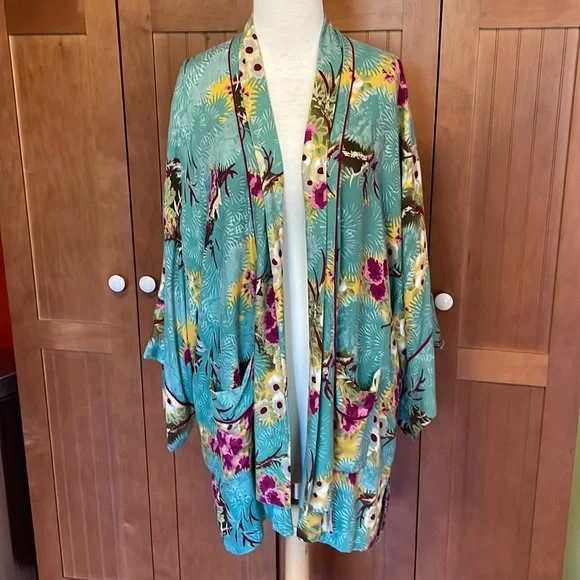 Anthropologie Floreat green/magenta/taupe/yellow/white print kimono XS/S - Picture 1 of 9